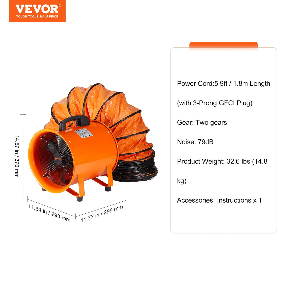 Portable Ventilator, 254mm/10inch Heavy Duty Cylinder Fan with 10m Duct Hose, 300W Strong Shop Exhaust Blower V952-SSG230W1010IN06RWV3