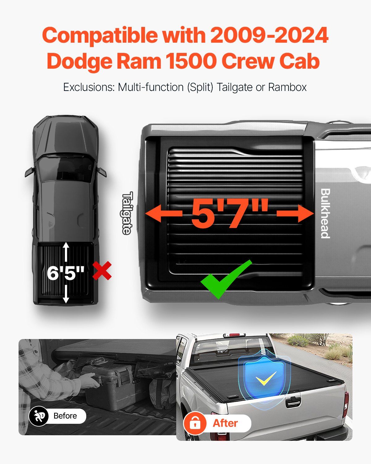 Retractable Tonneau Cover, 5.7 ft Hard Retractable Tonneau Cover with Built-in Drainage Pipe for 2009-2024 V952-SSHBXGSDKDODGFKYUV0