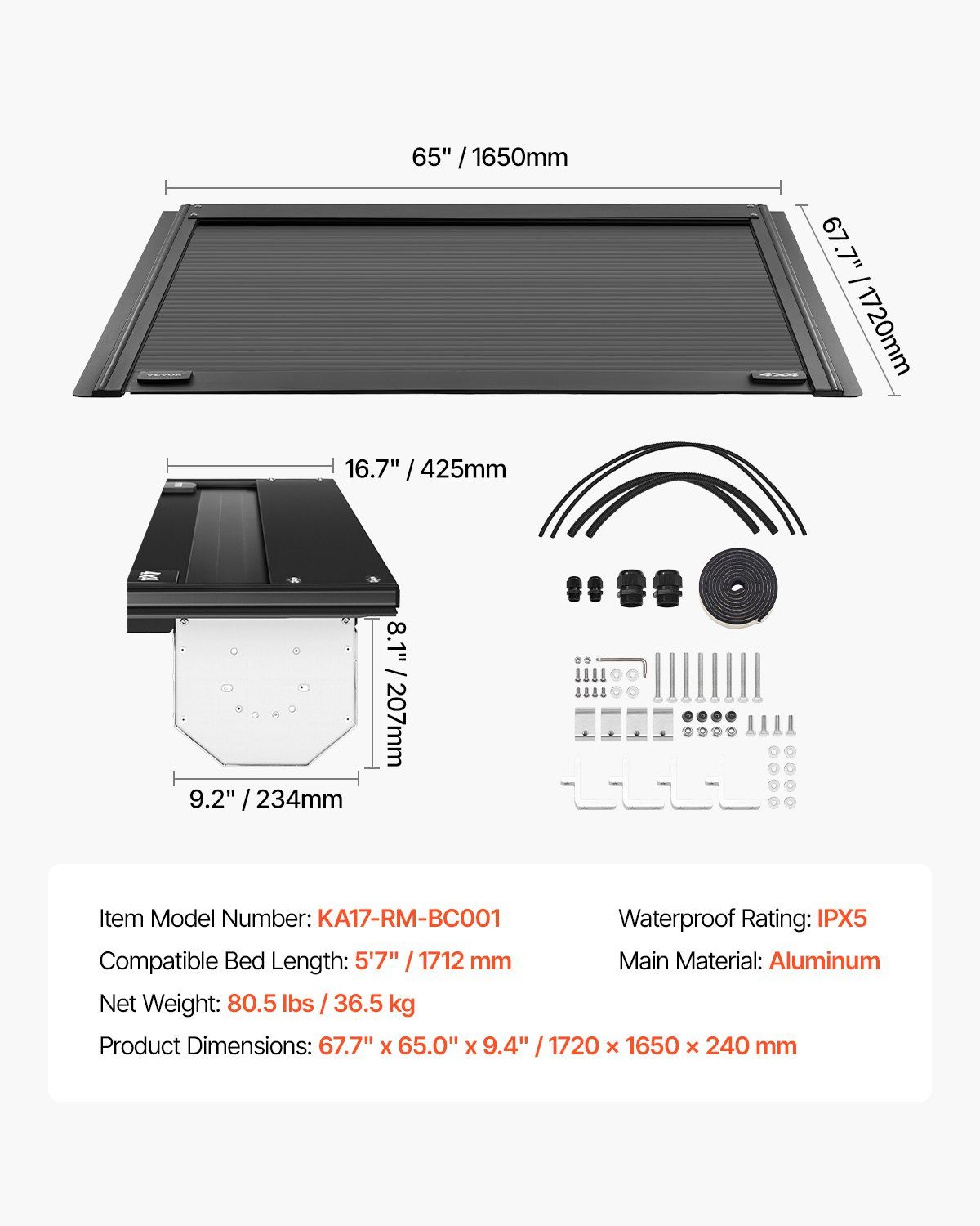 Retractable Tonneau Cover, 5.7 ft Hard Retractable Tonneau Cover with Built-in Drainage Pipe for 2009-2024 V952-SSHBXGSDKDODGFKYUV0