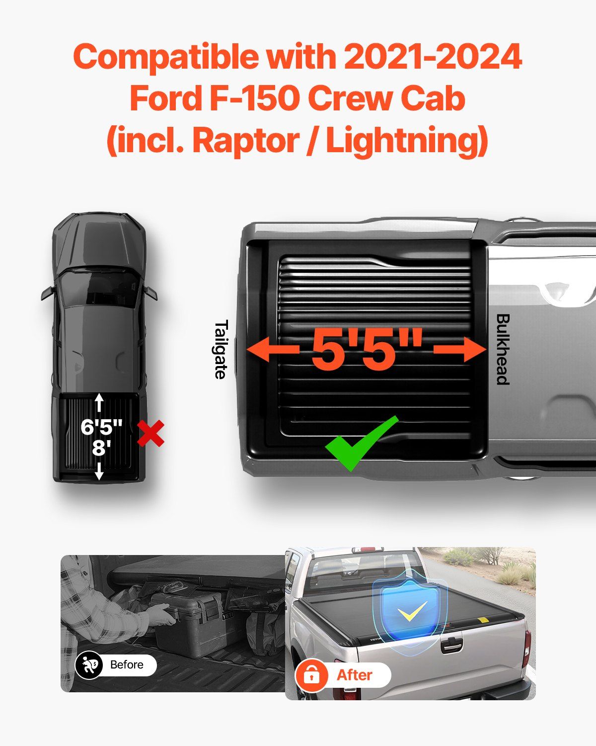 Retractable Tonneau Cover, 5.5 ft Hard Retractable Tonneau Cover with Built-in Drainage Pipe for 2021-2024 V952-SSHBXGZDKFORIB2N2V0