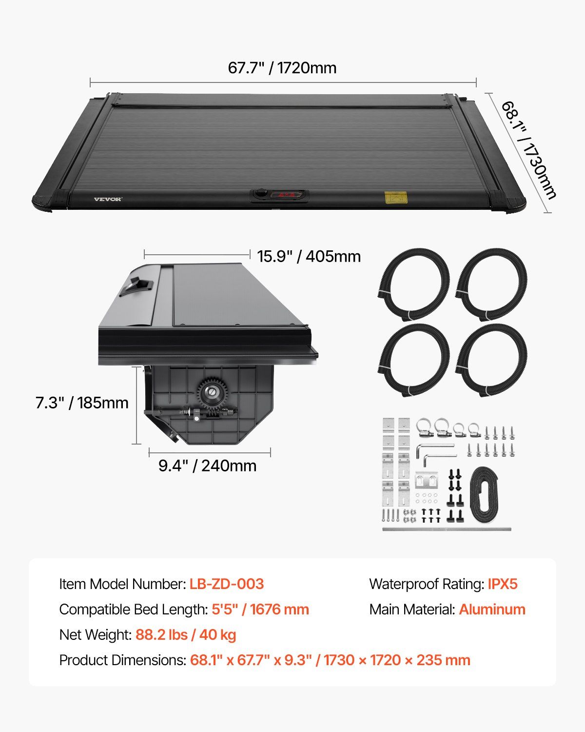 Retractable Tonneau Cover, 5.5 ft Hard Retractable Tonneau Cover with Built-in Drainage Pipe for 2021-2024 V952-SSHBXGZDKFORIB2N2V0