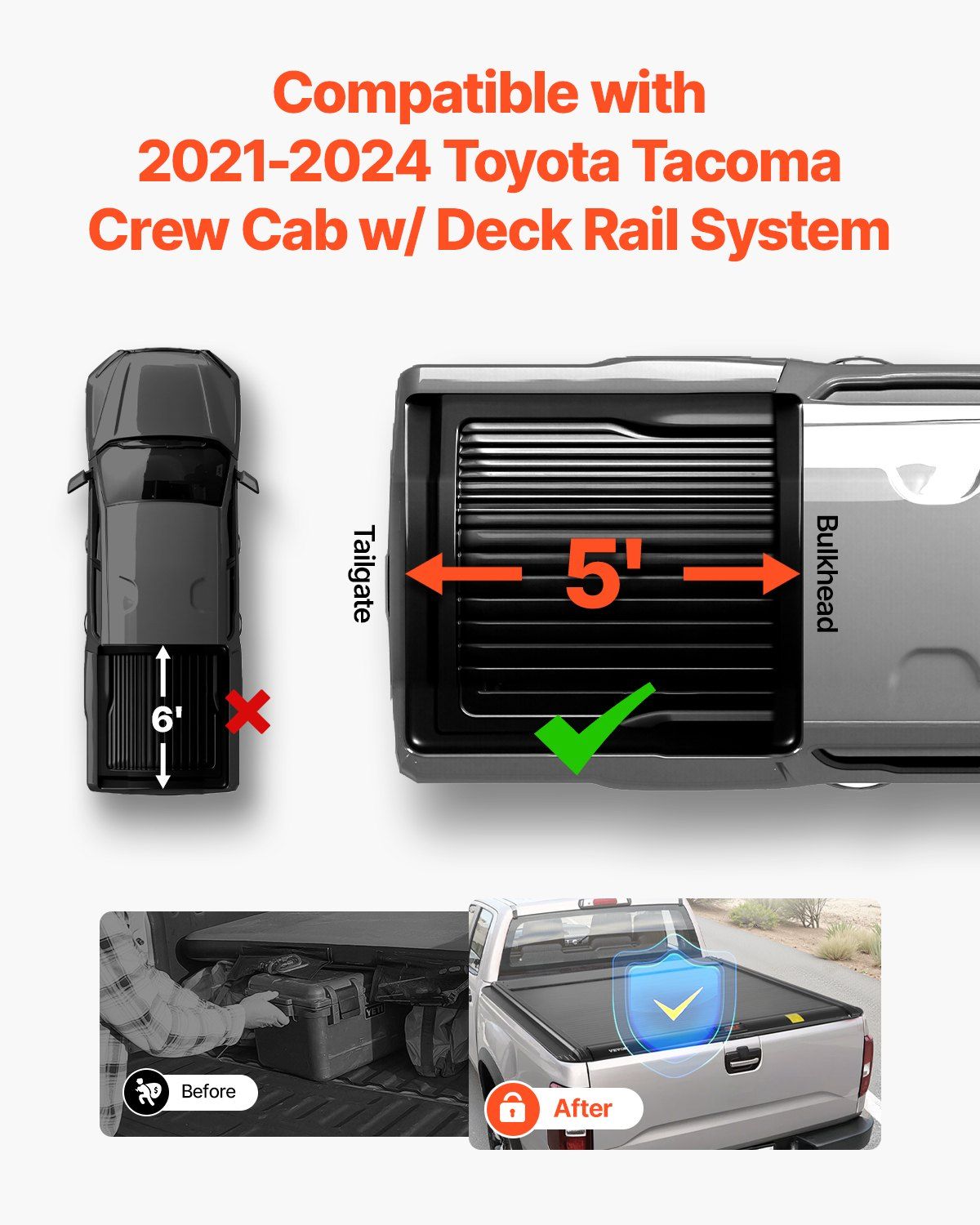 Retractable Tonneau Cover, 5.0 ft Retractable Tonneau Cover with Built-in Drainage Pipe for 2021-2024 Toyota V952-SSHBXGZDKTOYM84W8V0
