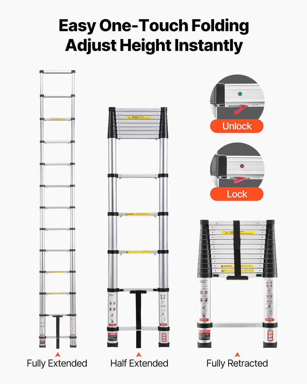 3.8m Telescoping Ladder, Aluminum Lightweight Multi-Purpose Collapsible Extension, One-Touch Retraction V952-SSLTNLSLKJBF2VP1Z001V0