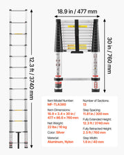 3.8m Telescoping Ladder, Aluminum Lightweight Multi-Purpose Collapsible Extension, One-Touch Retraction V952-SSLTNLSLKJBF2VP1Z001V0