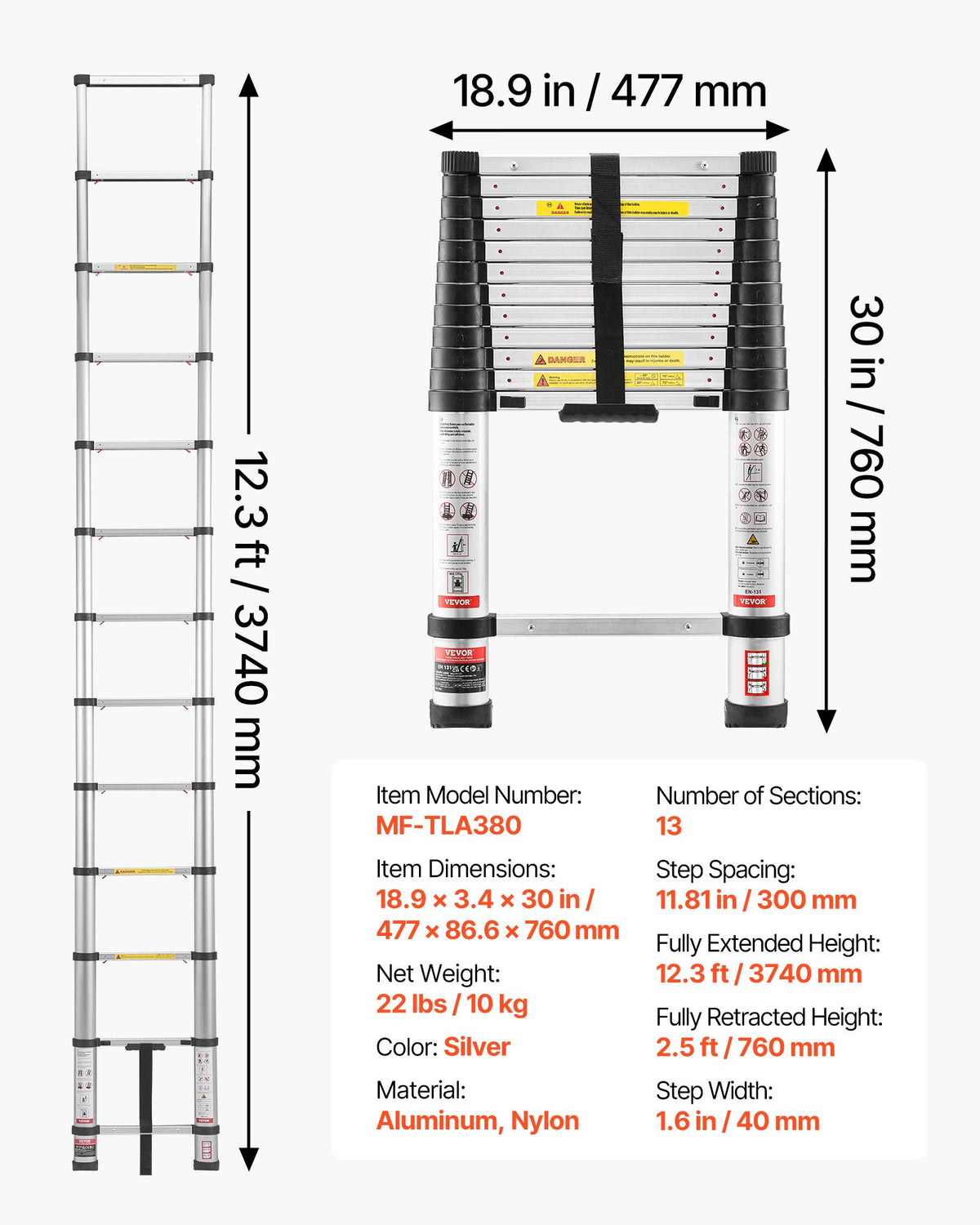 3.8m Telescoping Ladder, Aluminum Lightweight Multi-Purpose Collapsible Extension, One-Touch Retraction V952-SSLTNLSLKJBF2VP1Z001V0