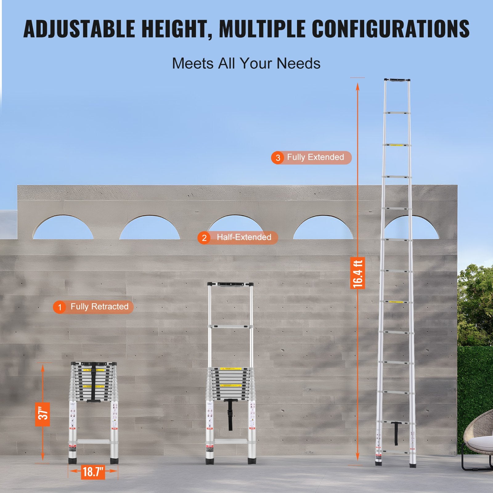 Telescoping Extension Ladder 16.5FT Multi-button Retraction 419 LBS V952-SSLTQLHJK16509O6XV0