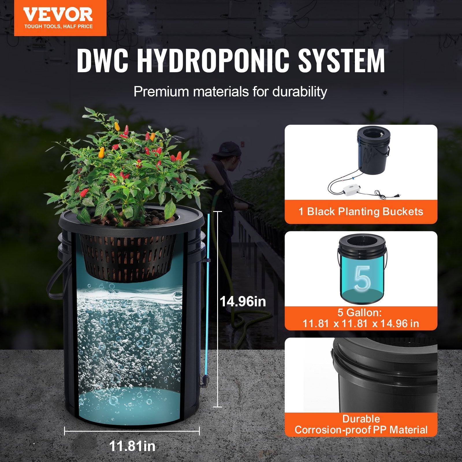 DWC Hydroponics Grow System Deep Water Culture with Top Drip 1 Bucket 20L V952-SSSPXT1T8INKXKB8IV3