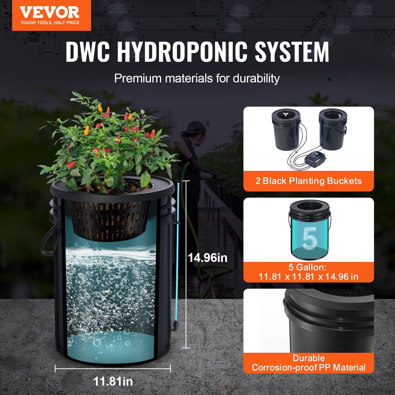 DWC Hydroponics Grow System Deep Water Culture with Top Drip 2 Buckets V952-SSSPXT2T8INK25VV5V3