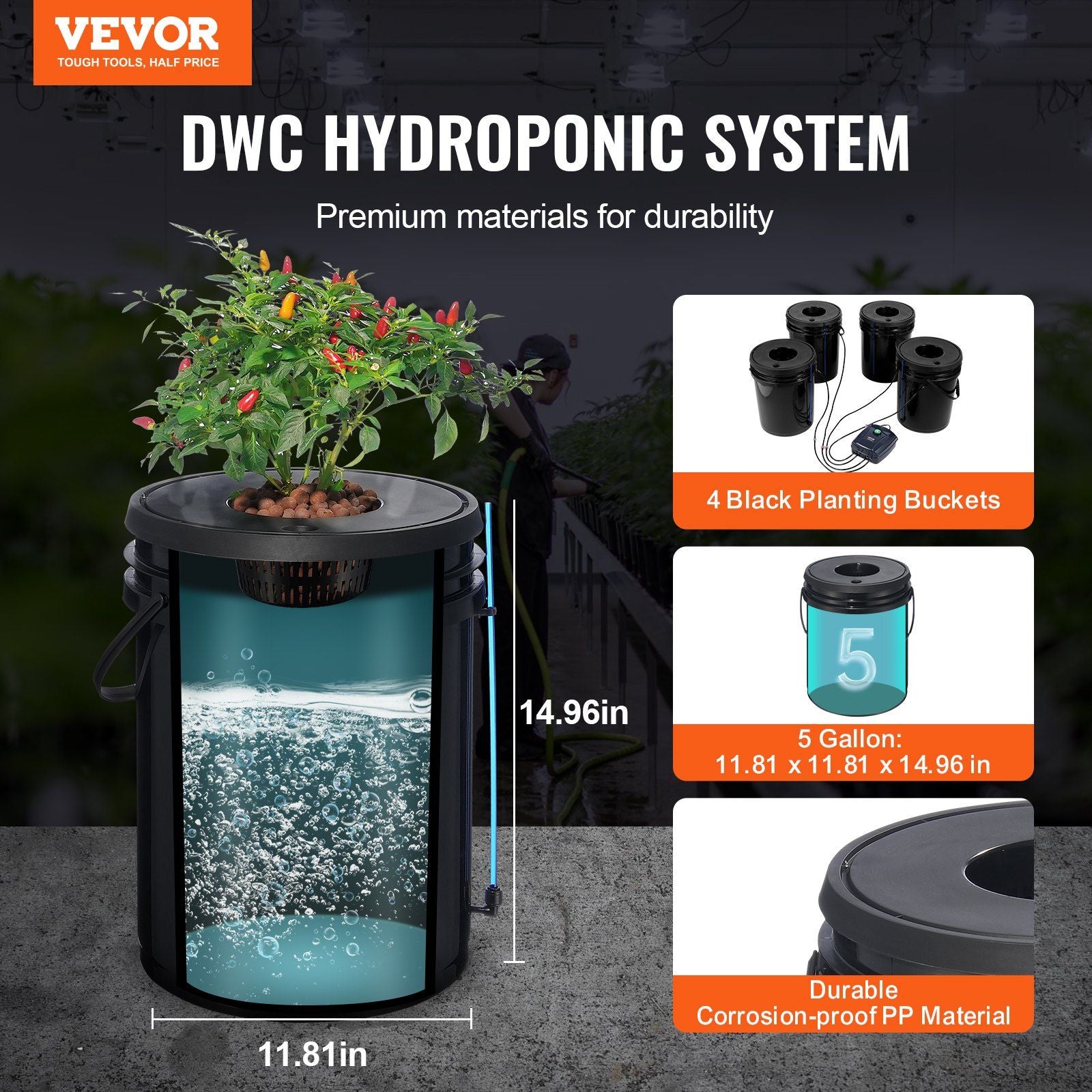 DWC Hydroponics Grow System, Hydroponic Growing System, Deep Water Culture 5-Gallon 4 Buckets, DWC System V952-SSSPXTYX4110VW1XKV3