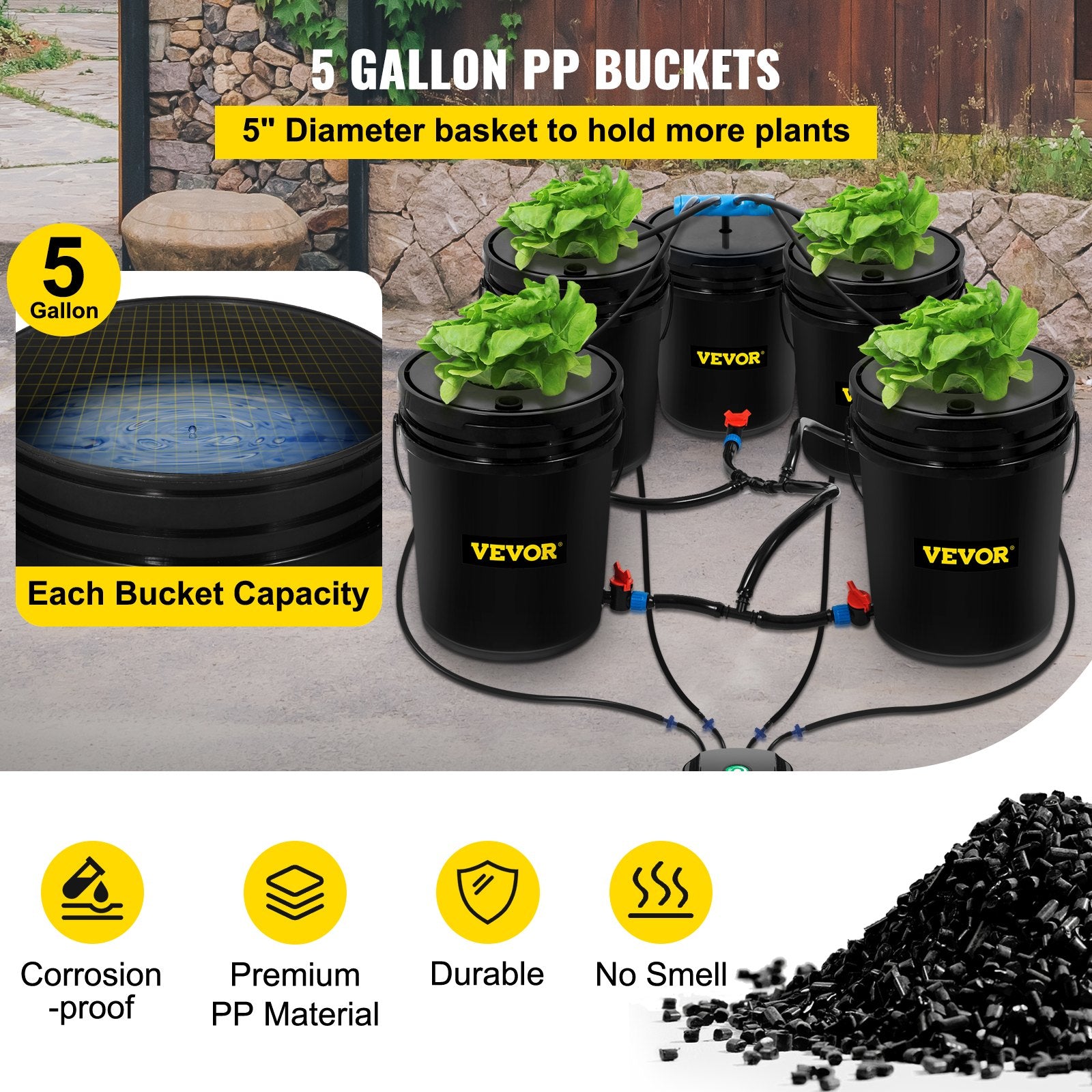 DWC Hydroponic System, 5 Gallon 5 Buckets, Deep Water Culture Growing Bucket, Hydroponics Grow Kit with Pump, V952-SSSPXTYX5220VAXN5V3