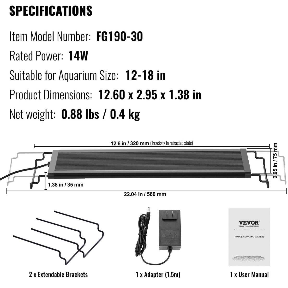 Aquarium Light, 14W Full Spectrum Fish Tank Light with 24/7 Natural Mode, Adjustable Timer & 5-Level V952-SSSSZXD1218YFXWB0V3