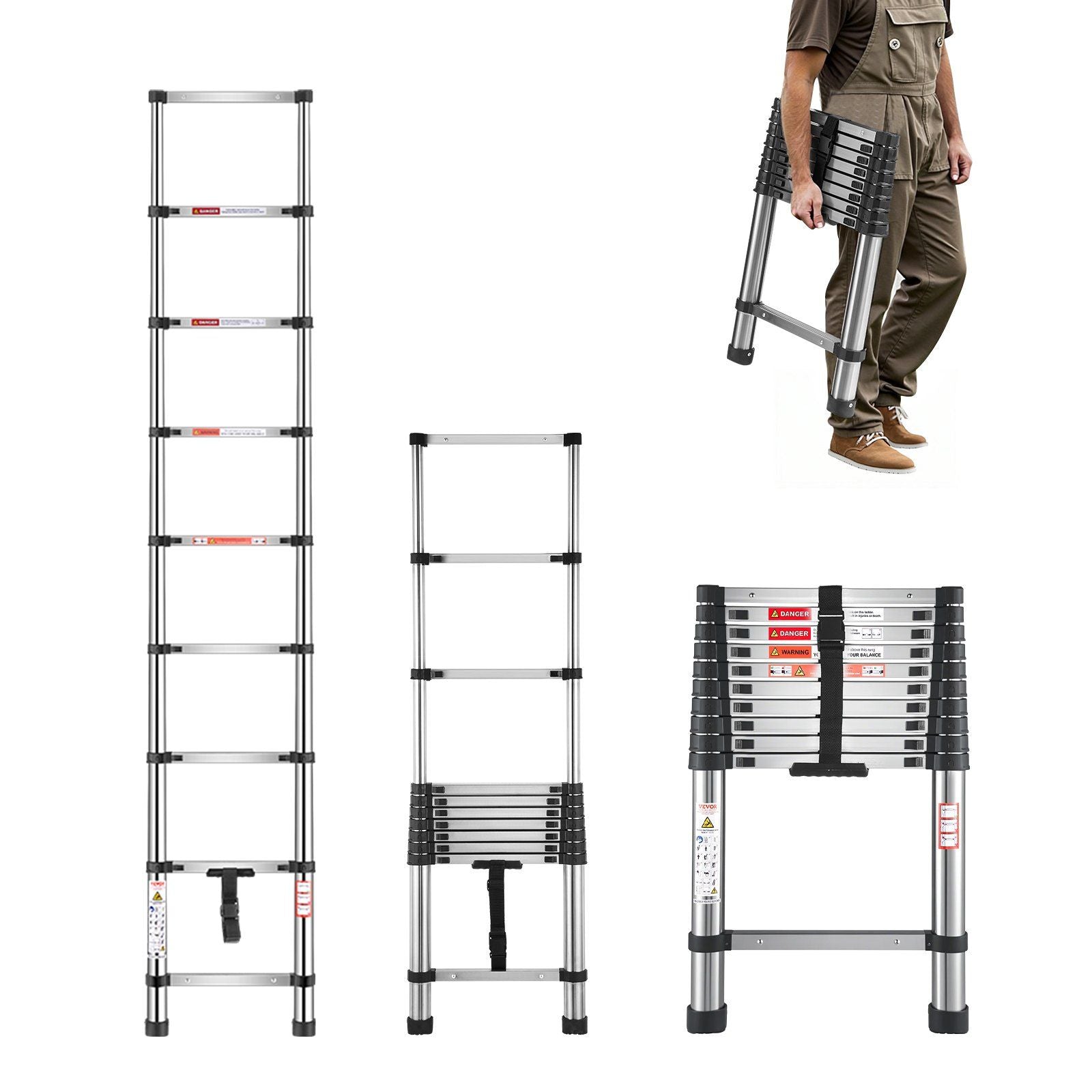 Telescoping Ladder, 2540mm Stainless Steel Lightweight Extension Ladder, Multi-Button Retraction Collapsible V952-SSTTNLSLK85F88IXYV0
