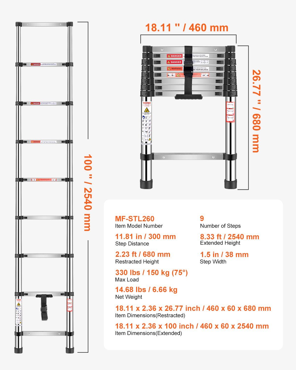 Telescoping Ladder, 2540mm Stainless Steel Lightweight Extension Ladder, Multi-Button Retraction Collapsible V952-SSTTNLSLK85F88IXYV0