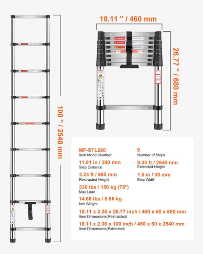Telescoping Ladder, 2540mm Stainless Steel Lightweight Extension Ladder, Multi-Button Retraction Collapsible V952-SSTTNLSLK85F88IXYV0