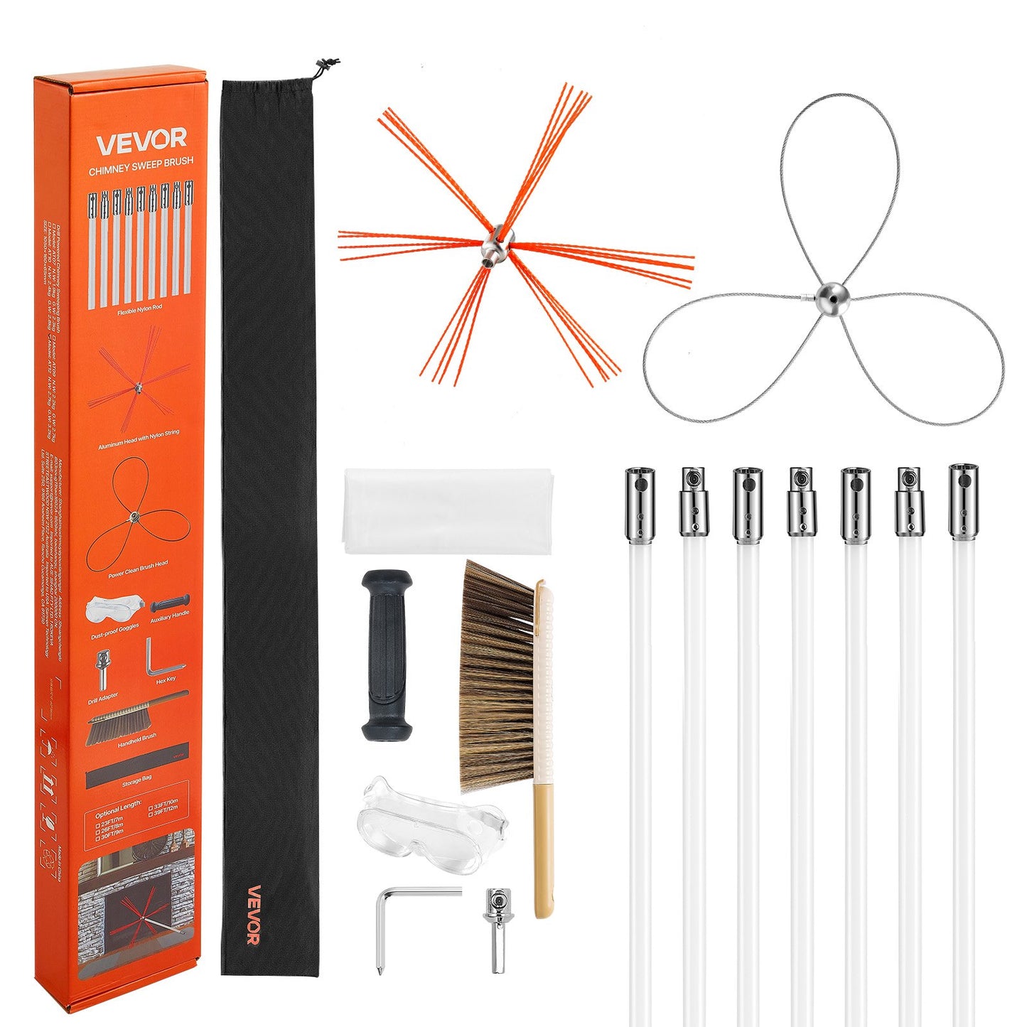 Chimney Sweep Kit, 7m Maximum Extendable Length Chimney Brush, Chimney Cleaner Sweeper with Dual Brush Heads, V952-SSTYCQSTJ26Y83UZW001V0