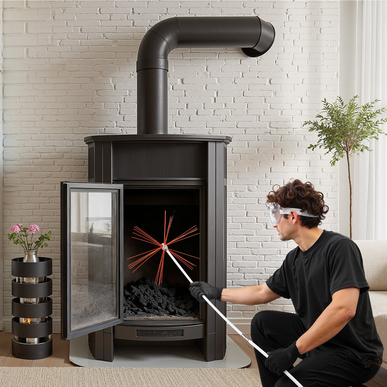 Chimney Sweep Kit, 7m Maximum Extendable Length Chimney Brush, Chimney Cleaner Sweeper with Dual Brush Heads, V952-SSTYCQSTJ26Y83UZW001V0