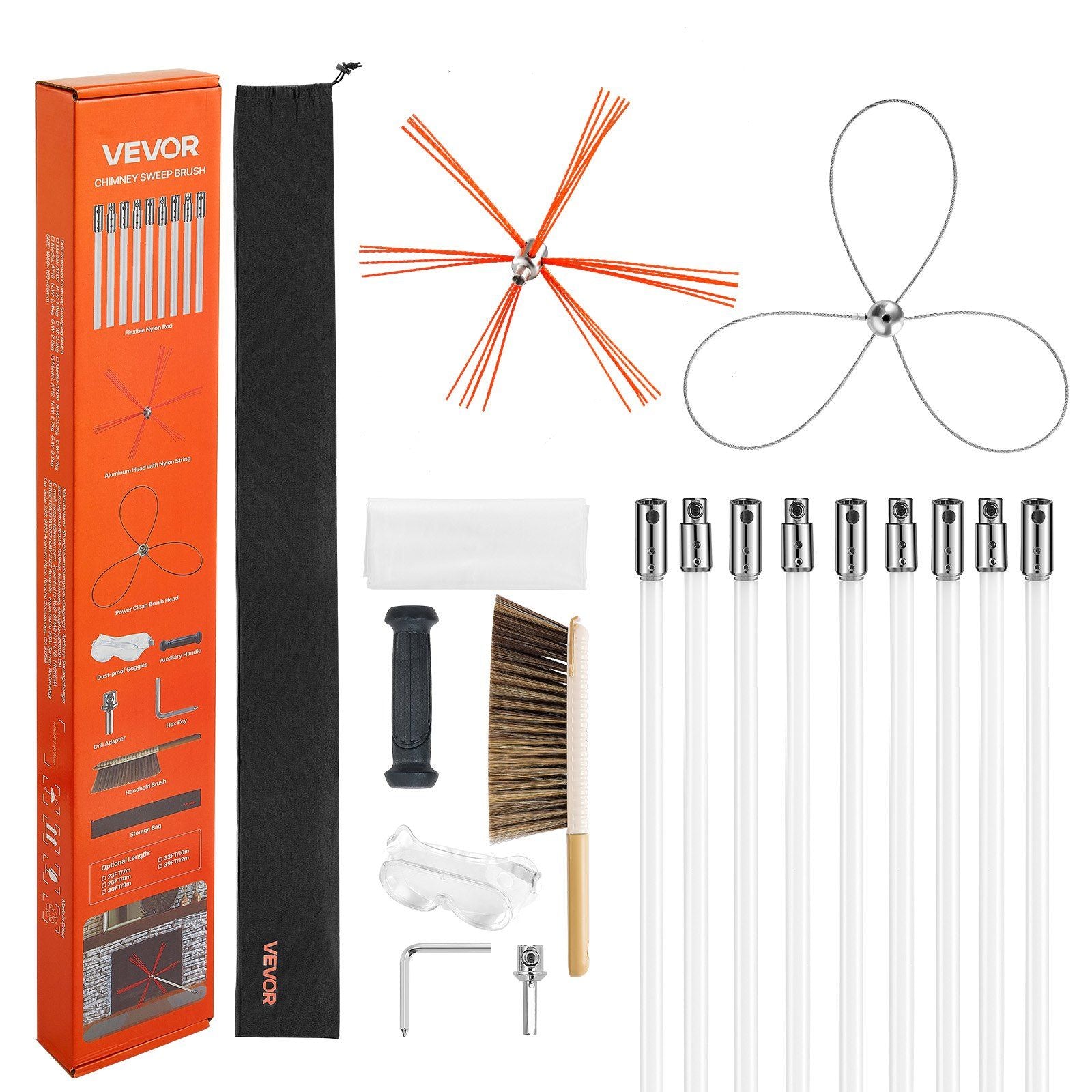 Chimney Sweep Kit, 9m Maximum Extendable Length Chimney Brush, Chimney Cleaner Sweeper with Dual Brush Heads, V952-SSTYCQSTJ30YIIB96001V0