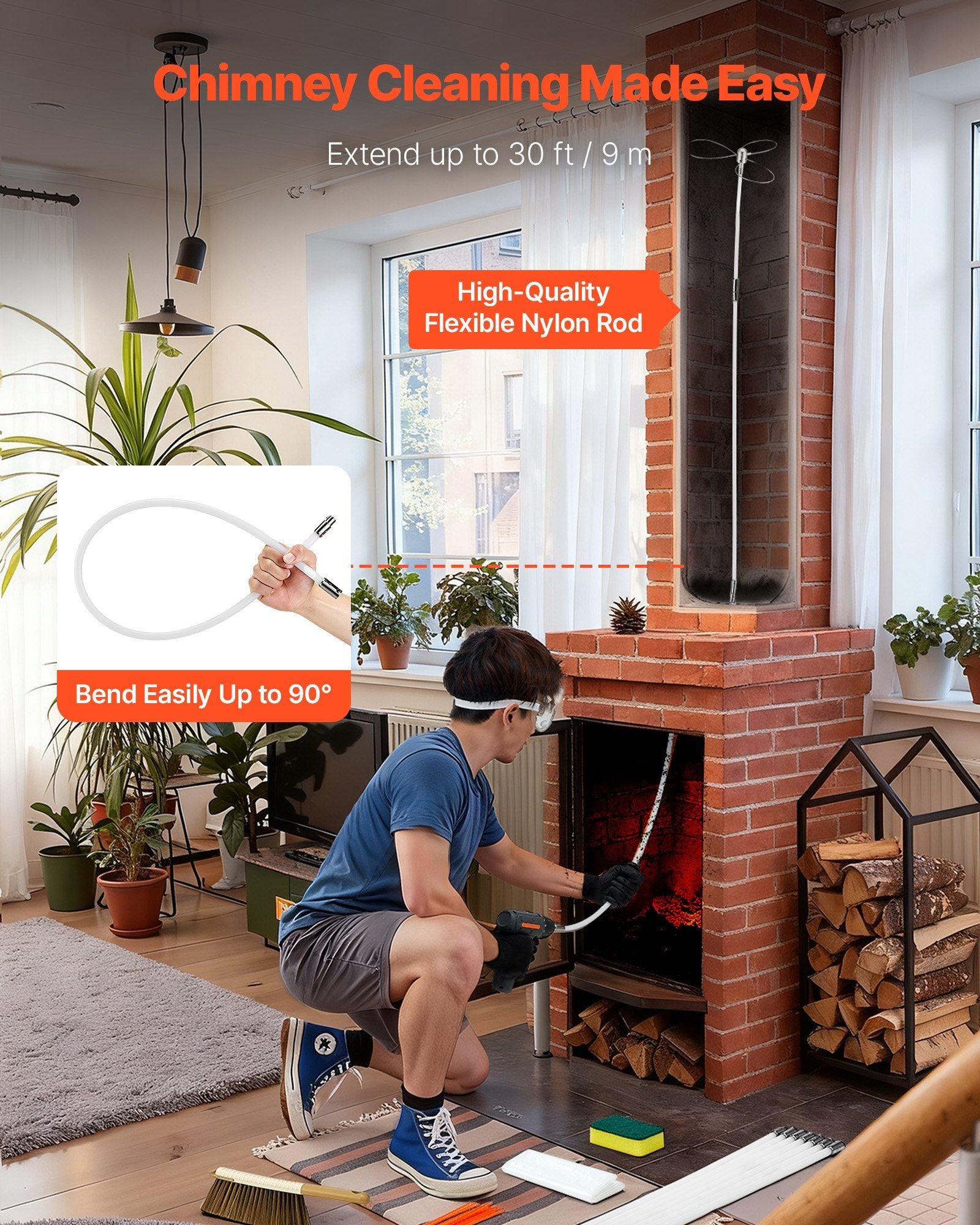 Chimney Sweep Kit, 9m Maximum Extendable Length Chimney Brush, Chimney Cleaner Sweeper with Dual Brush Heads, V952-SSTYCQSTJ30YIIB96001V0