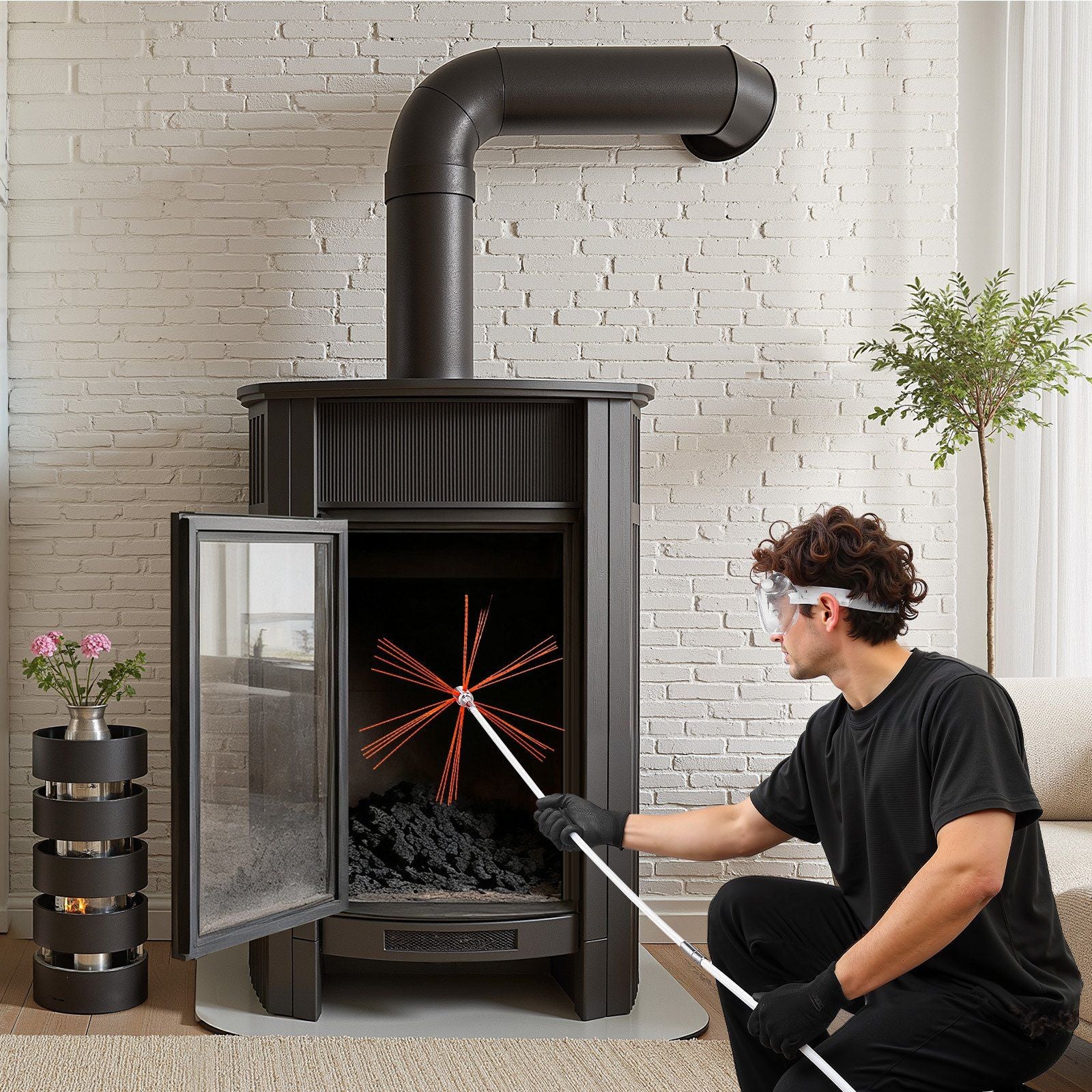 Chimney Sweep Kit, 9m Maximum Extendable Length Chimney Brush, Chimney Cleaner Sweeper with Dual Brush Heads, V952-SSTYCQSTJ30YIIB96001V0