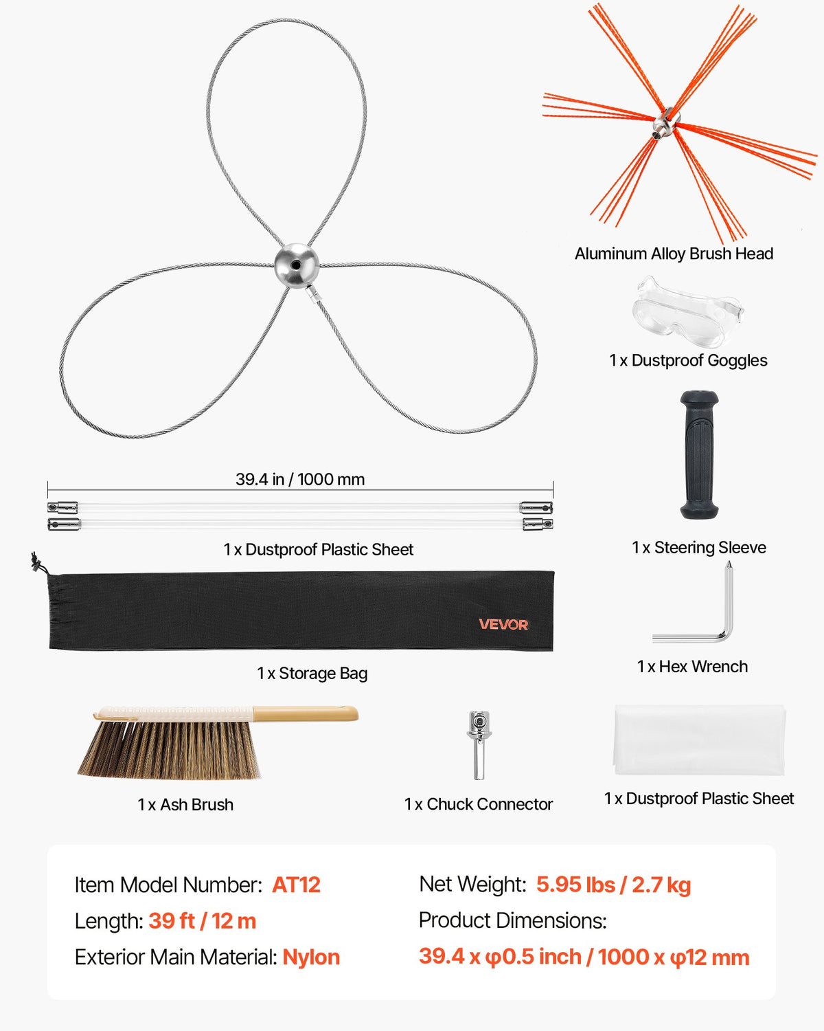 Chimney Sweep Kit, 12m Maximum Extendable Length Chimney Brush, Chimney Cleaner Sweeper with Dual Brush V952-SSTYCQSTJ39YVALXR001V0