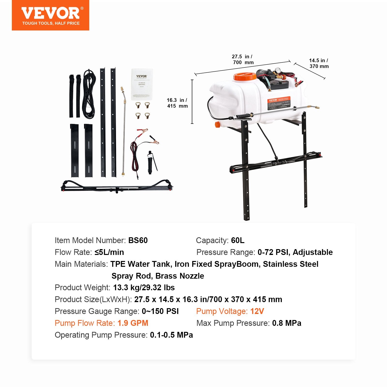 ATV Sprayer 60 L/15.9 Gal ATV/UTV Spot Sprayer with A Nozzle Boom 1.9 GPM V952-STCPWQ15JL60UTRA7V9