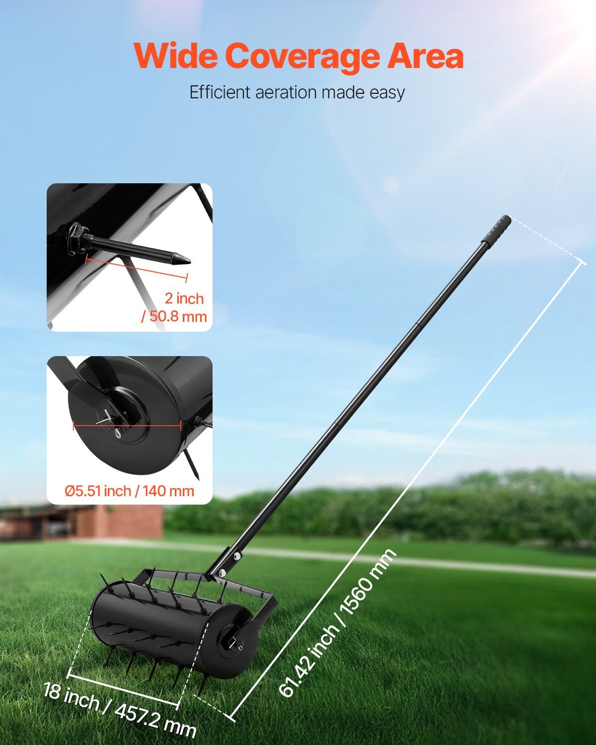 Rolling Lawn Aerator, 435mm Heavy-Duty Manual Rolling Aerator Lawn with Detachable Handle and 27 Iron Spikes, V952-STGSJCPQQ18I7QEX2V0