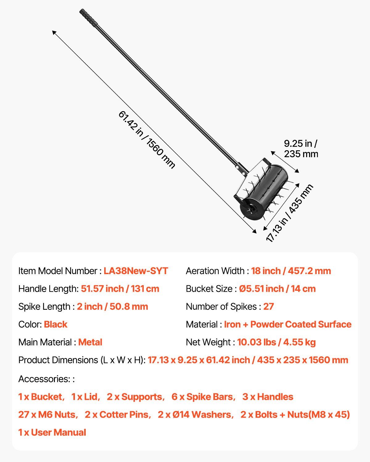 Rolling Lawn Aerator, 435mm Heavy-Duty Manual Rolling Aerator Lawn with Detachable Handle and 27 Iron Spikes, V952-STGSJCPQQ18I7QEX2V0