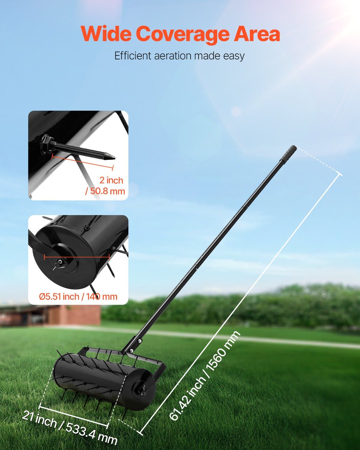 Rolling Lawn Aerator, 525mm Heavy-Duty Manual Rolling Aerator Lawn with Detachable Handle and 33 Iron Spikes, V952-STGSJCPQQ21IUVKE8V0