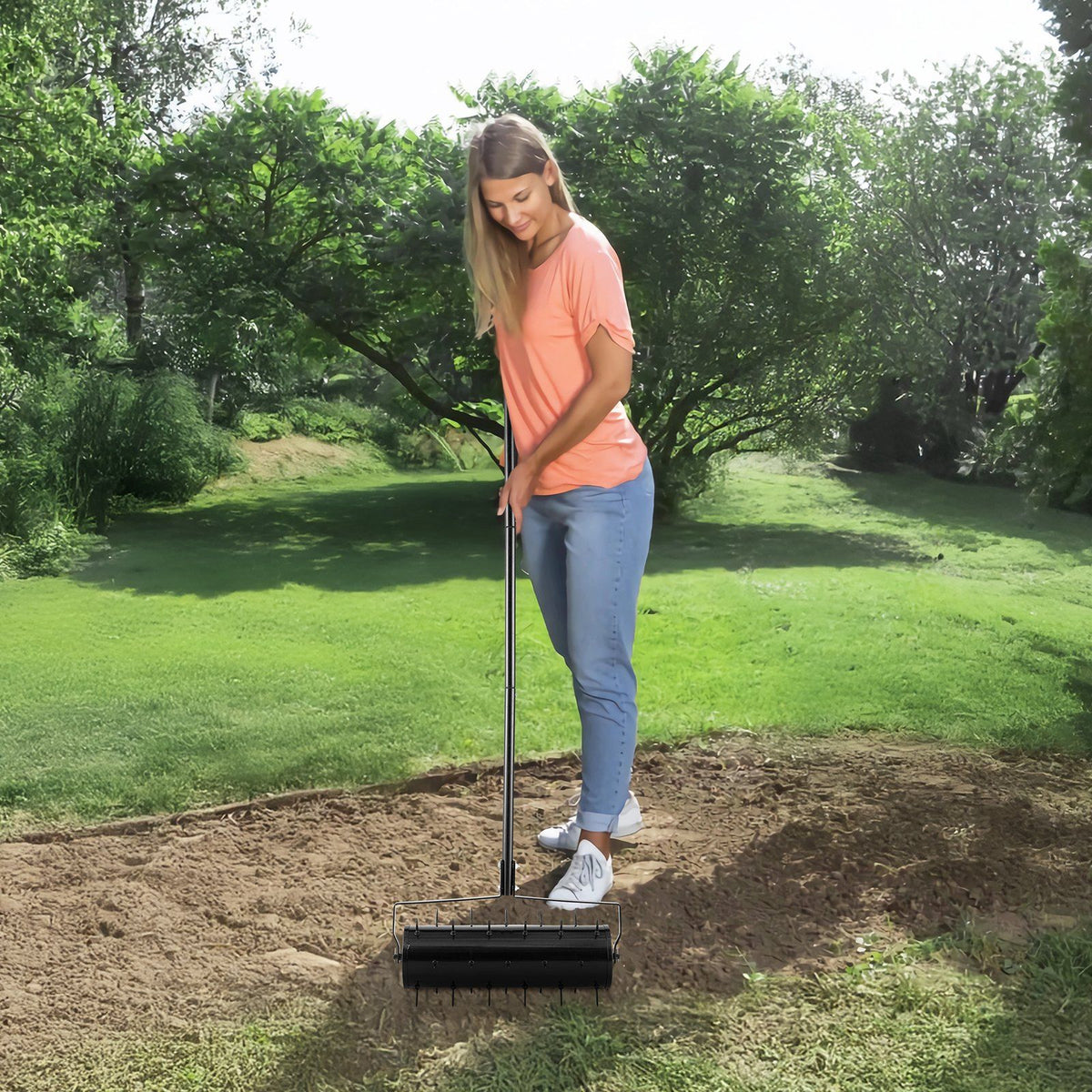 Rolling Lawn Aerator, 525mm Heavy-Duty Manual Rolling Aerator Lawn with Detachable Handle and 33 Iron Spikes, V952-STGSJCPQQ21IUVKE8V0