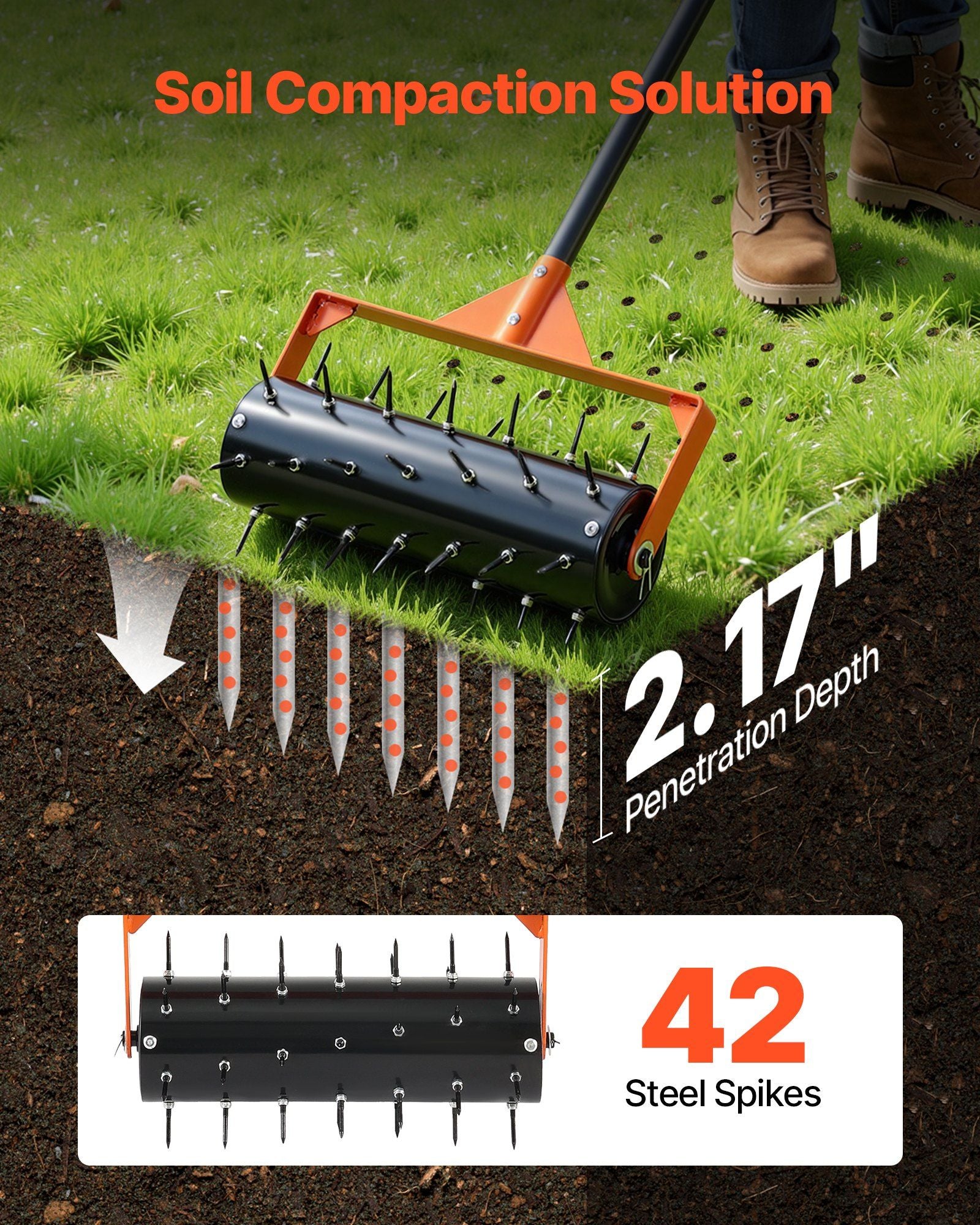 Rolling Lawn Aerator, 410mm Manual Push Aerator Roller with 42 Spikes & 60 in Long Handle, Fillable Drum for V952-STJCPQQGTS15QOZLO001V0