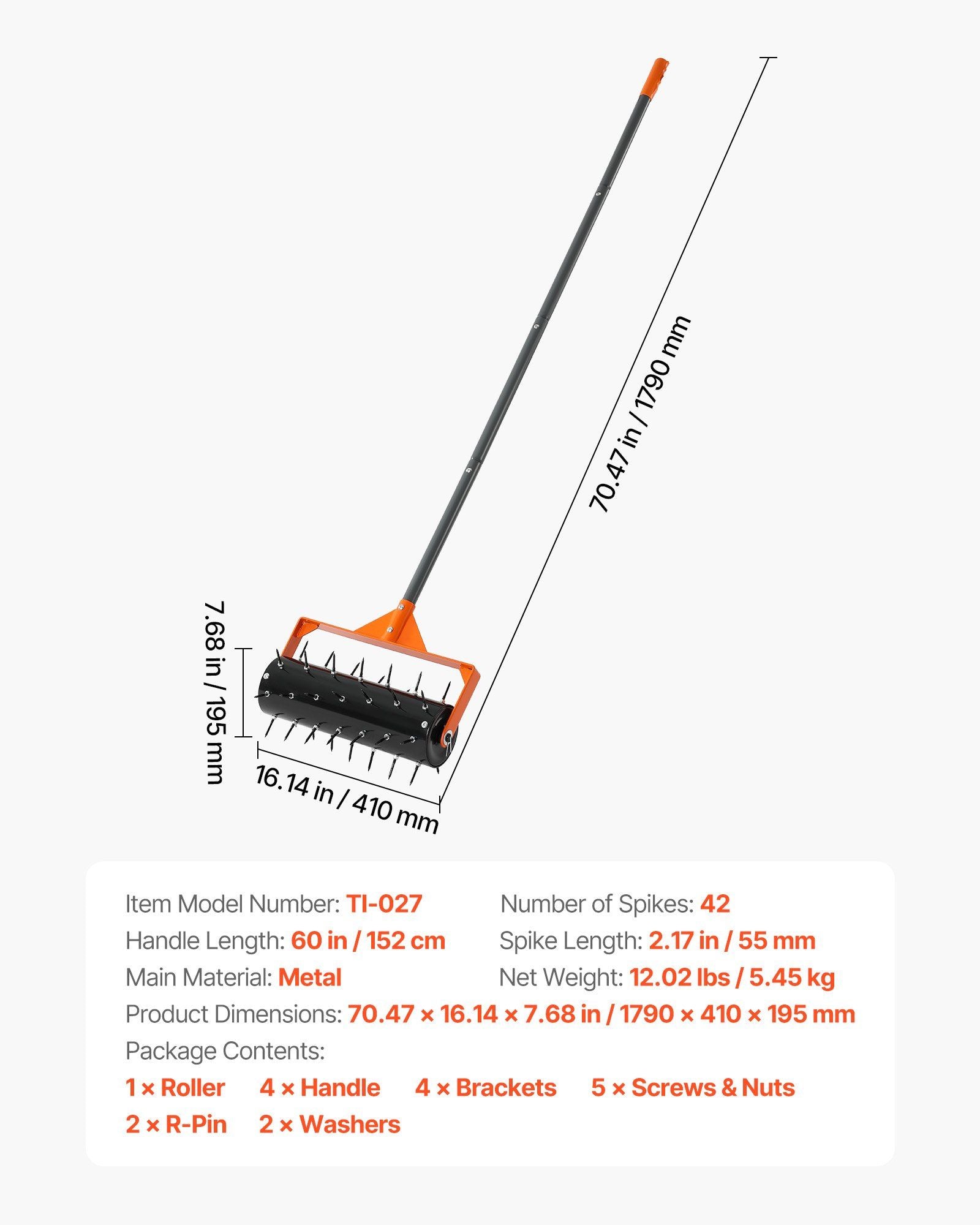 Rolling Lawn Aerator, 410mm Manual Push Aerator Roller with 42 Spikes & 60 in Long Handle, Fillable Drum for V952-STJCPQQGTS15QOZLO001V0