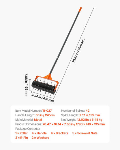 Rolling Lawn Aerator, 410mm Manual Push Aerator Roller with 42 Spikes & 60 in Long Handle, Fillable Drum for V952-STJCPQQGTS15QOZLO001V0