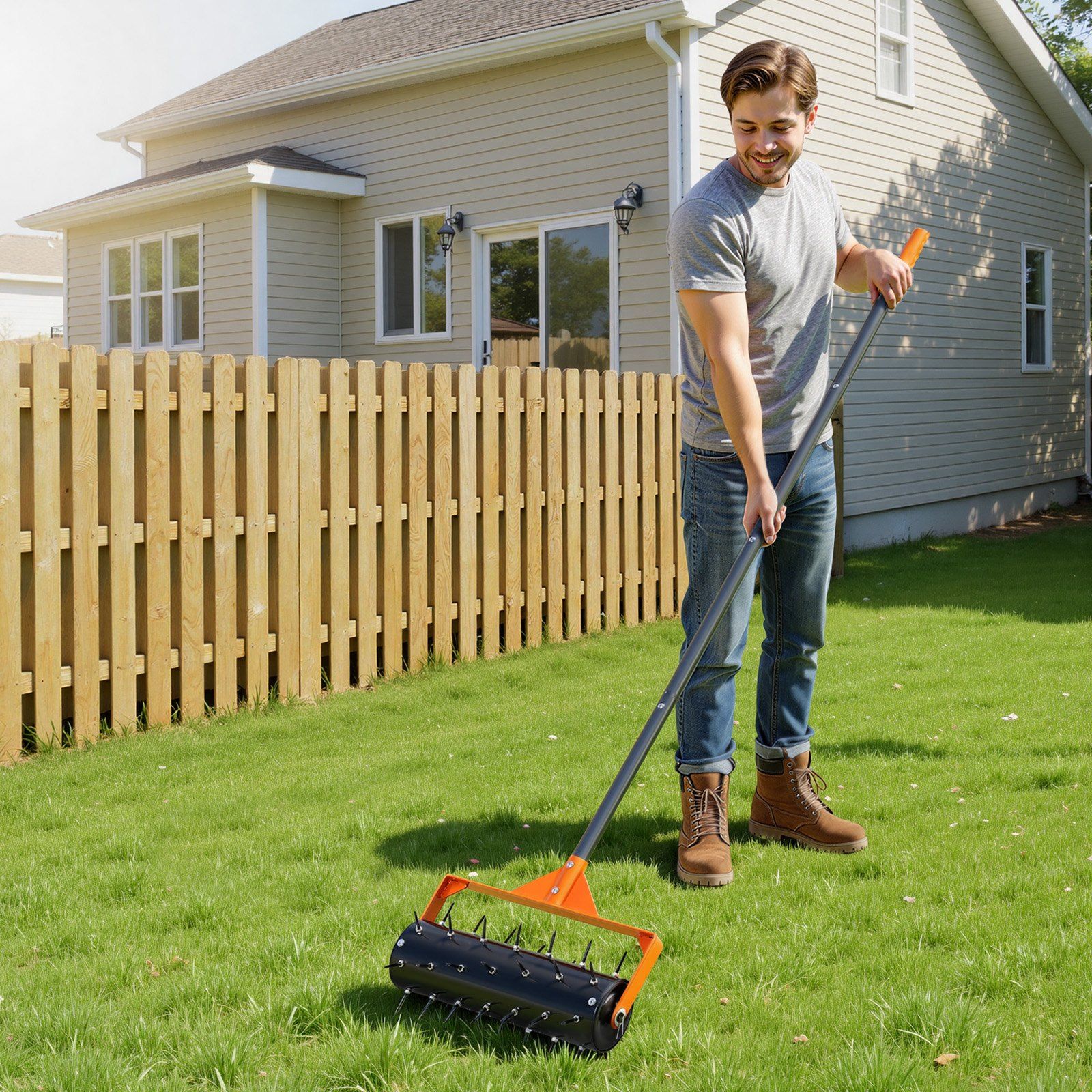 Rolling Lawn Aerator, 410mm Manual Push Aerator Roller with 42 Spikes & 60 in Long Handle, Fillable Drum for V952-STJCPQQGTS15QOZLO001V0