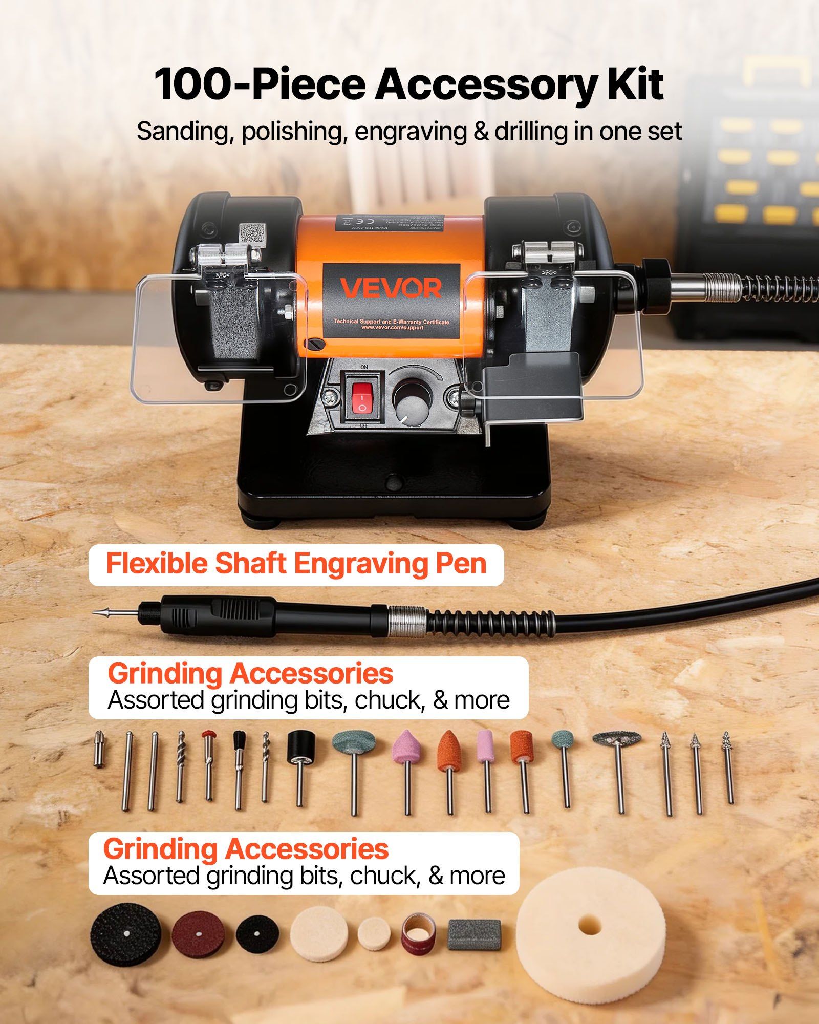 Bench Buffer Polisher, 8300-10600 RPM Adjustable Speed, Polishing & Buffing Machine with Grinding, Fiber, and V952-STPGJWSDJ328B4CUJ001V3