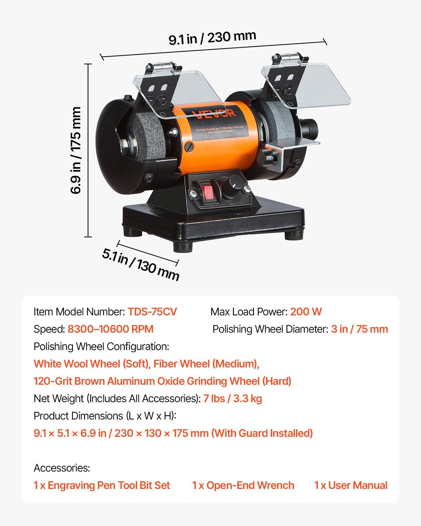 Bench Buffer Polisher, 8300-10600 RPM Adjustable Speed, Polishing & Buffing Machine with Grinding, Fiber, and V952-STPGJWSDJ328B4CUJ001V3