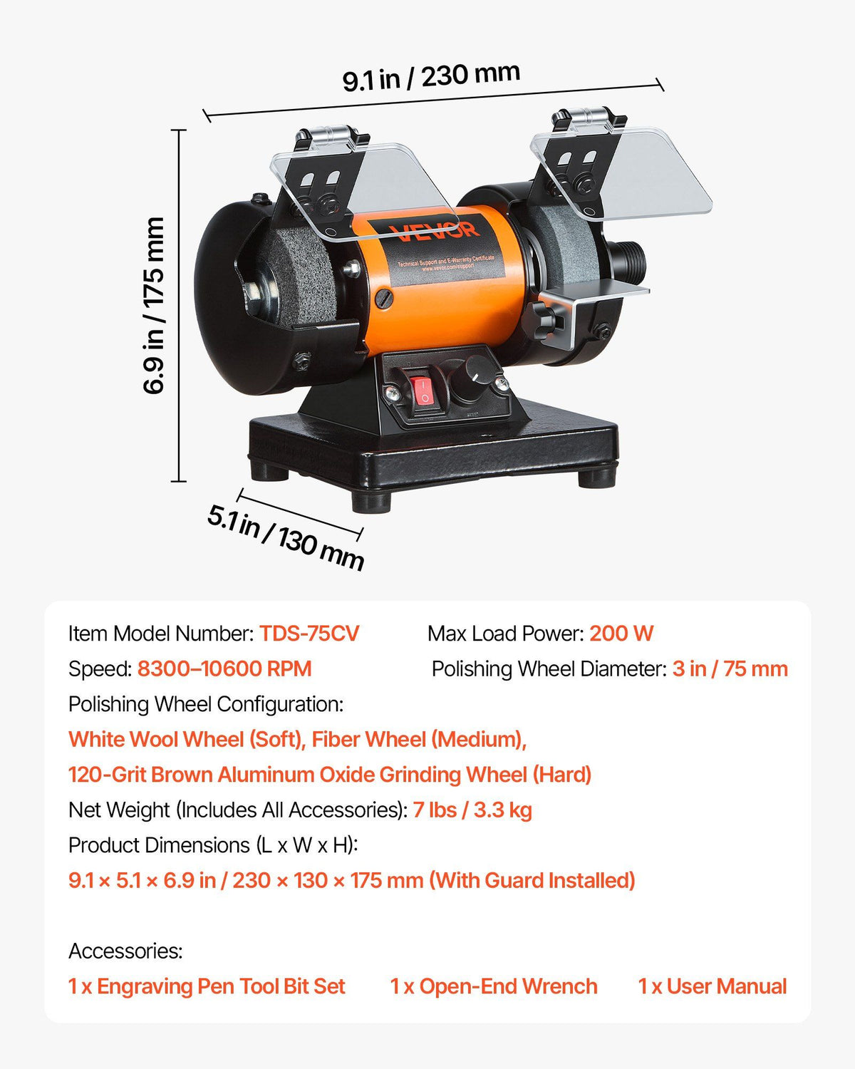 Bench Buffer Polisher, 8300-10600 RPM Adjustable Speed, Polishing & Buffing Machine with Grinding, Fiber, and V952-STPGJWSDJ328B4CUJ001V3