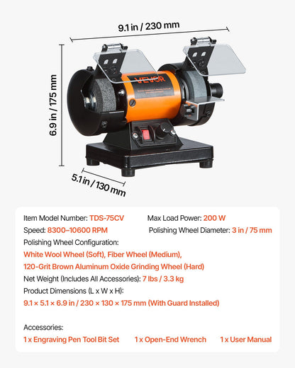 Bench Buffer Polisher, 8300-10600 RPM Adjustable Speed, Polishing & Buffing Machine with Grinding, Fiber, and V952-STPGJWSDJ328B4CUJ001V3