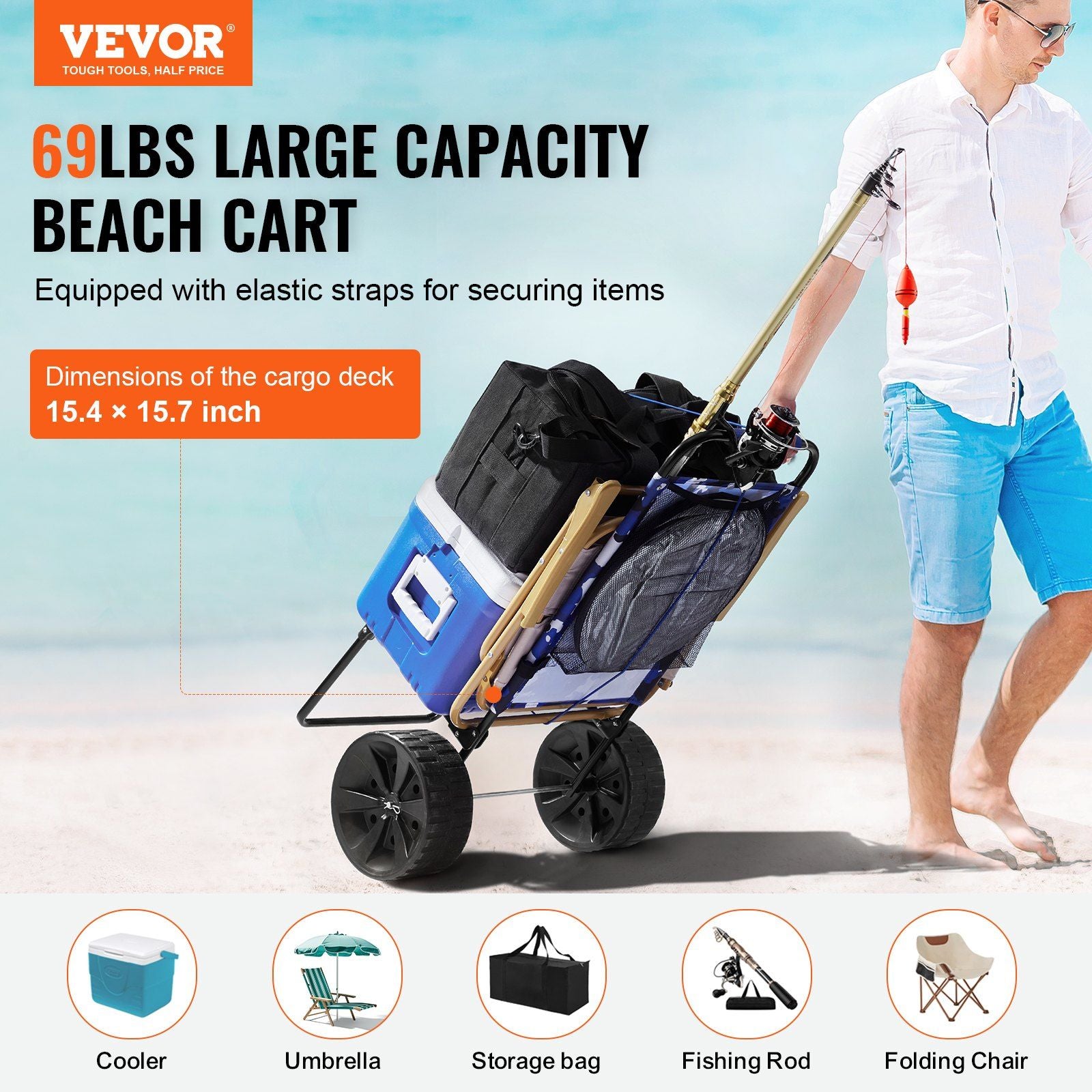 Beach Dolly with Big Wheels for Sand, 15.4" x 15.7" Cargo Deck, w/ 10" PE Solid Wheels, 69LBS Loading V952-STTCXG10INCH3UV59V0
