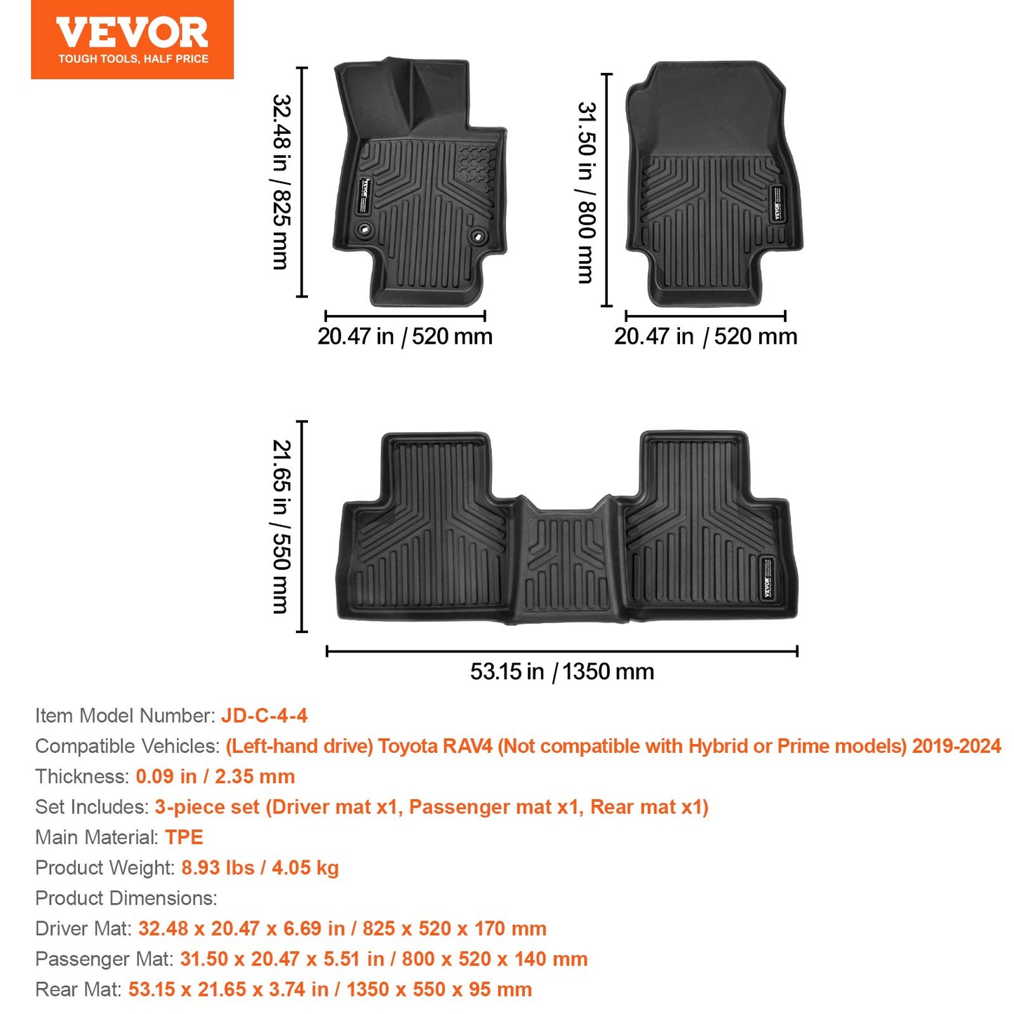 Automotive Floor Mats Fits Toyota RAV4 (Not for Hybrid or Prime) 2019-2024 V952-SUVDBDFTRAV46AZ27V0