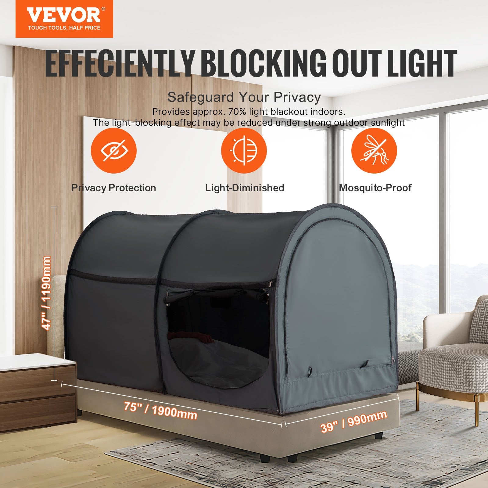 Bed Tent, Pongee Fabric, 4 Doors Breathable Dream Tent with 7 mm Fiber Poles on Bed Privacy, Full Size Block V952-SUXCSZPSMLLM7P2PXV0