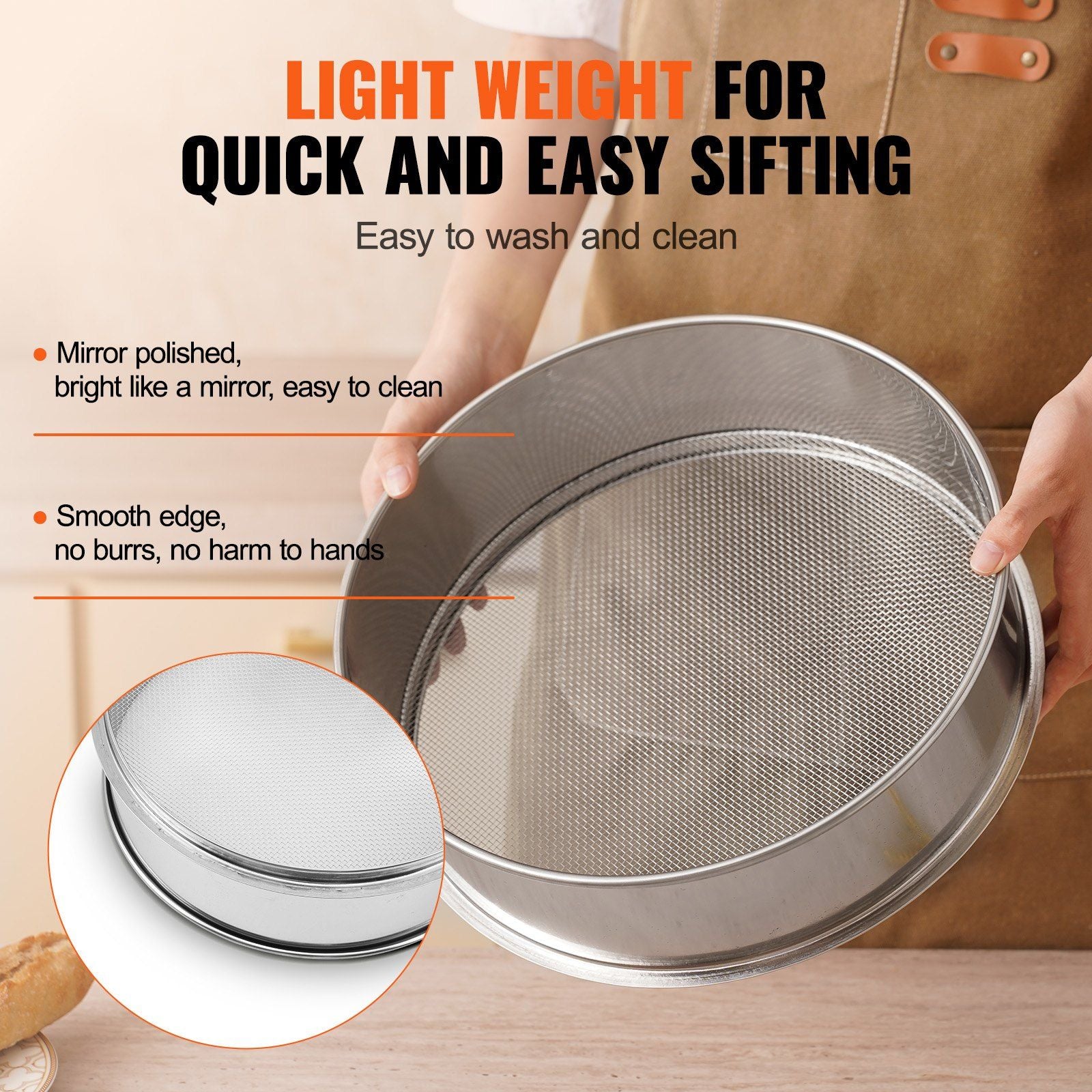 Flour Sieve Fine Mesh, 10 Mesh Flour Sifter, 304 Stainless Steel Fine Mesh Sifter Food-grade, Dia. 12.6" Fine V952-SW10M000000017EWXV0