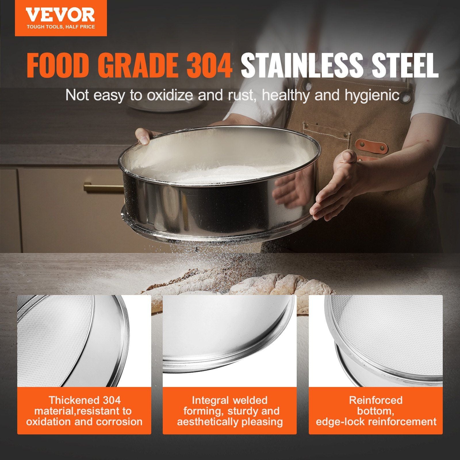 Flour Sieve Fine Mesh, 12 Mesh Flour Sifter, 304 Stainless Steel Fine Mesh Sifter Food-grade, Dia. 12.6" Fine V952-SW12M00000009AFYKV0