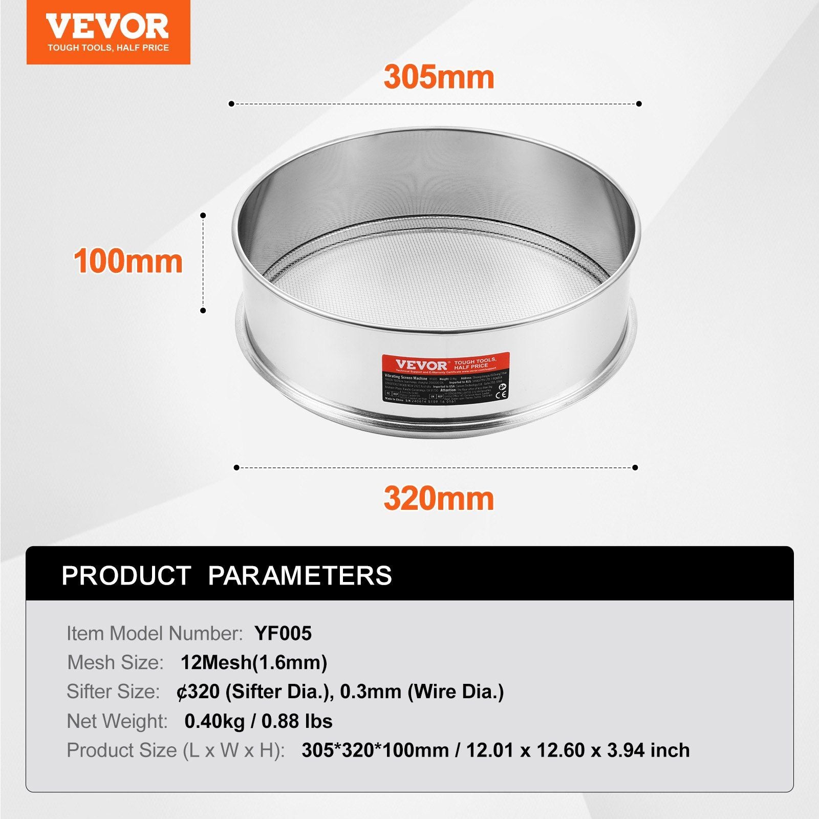Flour Sieve Fine Mesh, 12 Mesh Flour Sifter, 304 Stainless Steel Fine Mesh Sifter Food-grade, Dia. 12.6" Fine V952-SW12M00000009AFYKV0