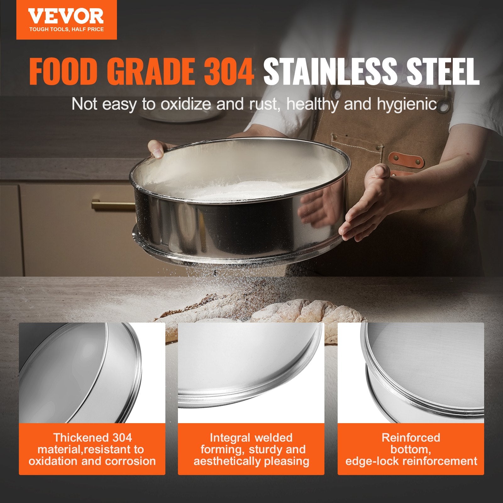 Flour Sieve Fine Mesh, 80 Mesh Flour Sifter, 304 Stainless Steel Fine Mesh Sifter Food-grade, Dia. 12.6" Fine V952-SW80M0000000AYP75V0