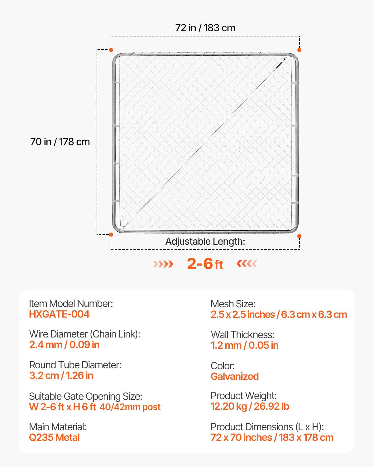 Chain Link Fence Gate, 70 x 72 in, Adjustable Chain Link Fence Panel, Fit 3 ft (W) x 4 ft (H) Garden Fence V952-SWHYM7072INCM7PVRV0