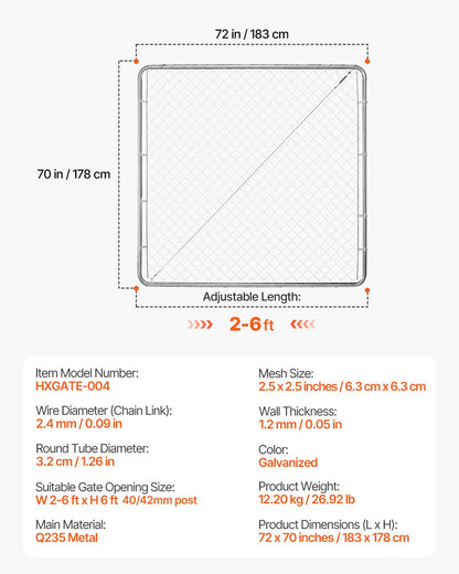 Chain Link Fence Gate, 70 x 72 in, Adjustable Chain Link Fence Panel, Fit 3 ft (W) x 4 ft (H) Garden Fence V952-SWHYM7072INCM7PVRV0