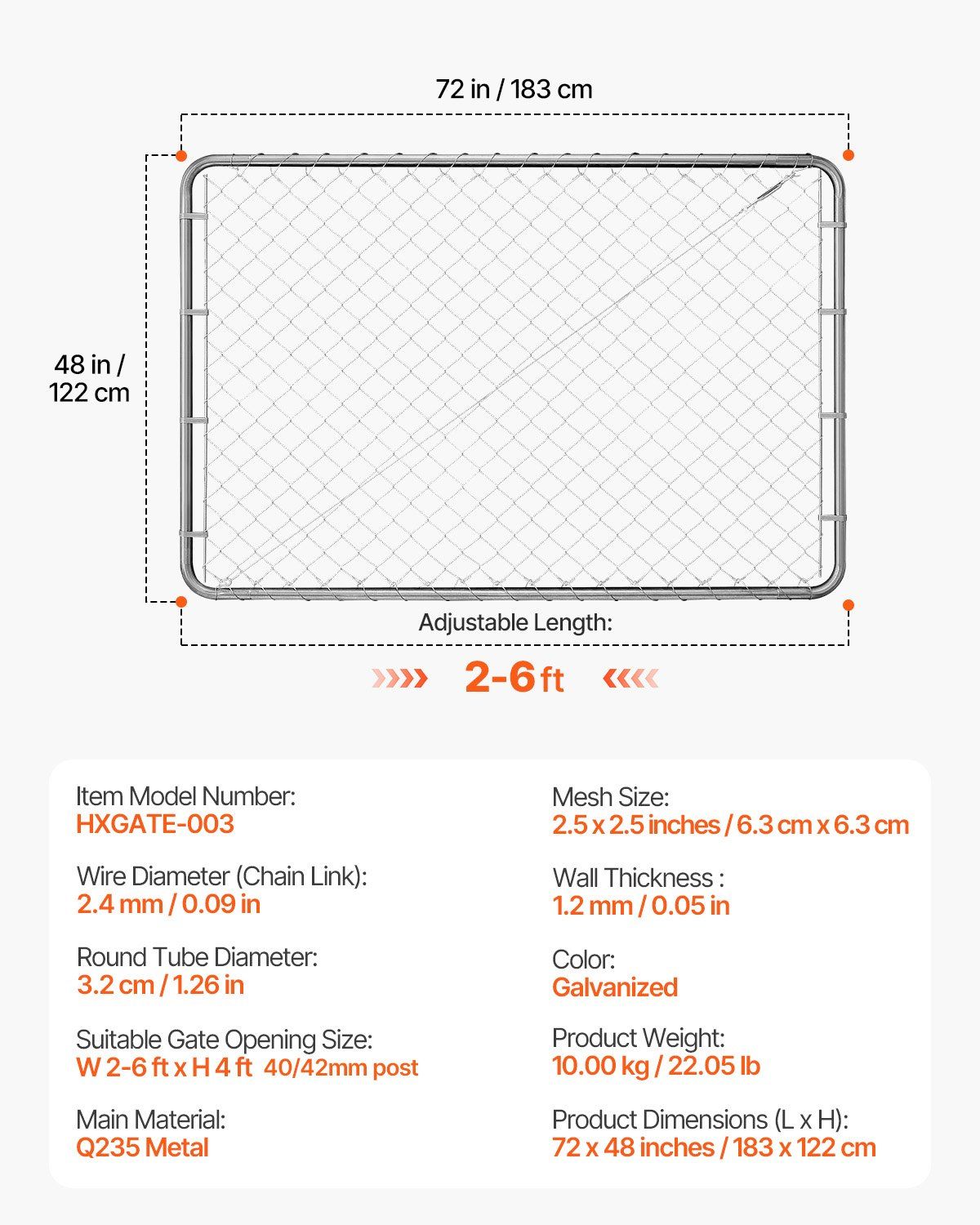 Chain Link Fence Gate, 183 x 122 cm, Adjustable Chain Link Fence Panel, Fit 67-183 cm (W) x 183 cm (H) Garden V952-SWHYM7248INC0PSZBV0