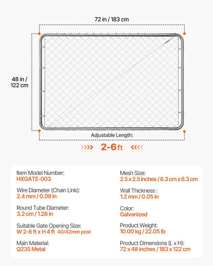Chain Link Fence Gate, 183 x 122 cm, Adjustable Chain Link Fence Panel, Fit 67-183 cm (W) x 183 cm (H) Garden V952-SWHYM7248INC0PSZBV0
