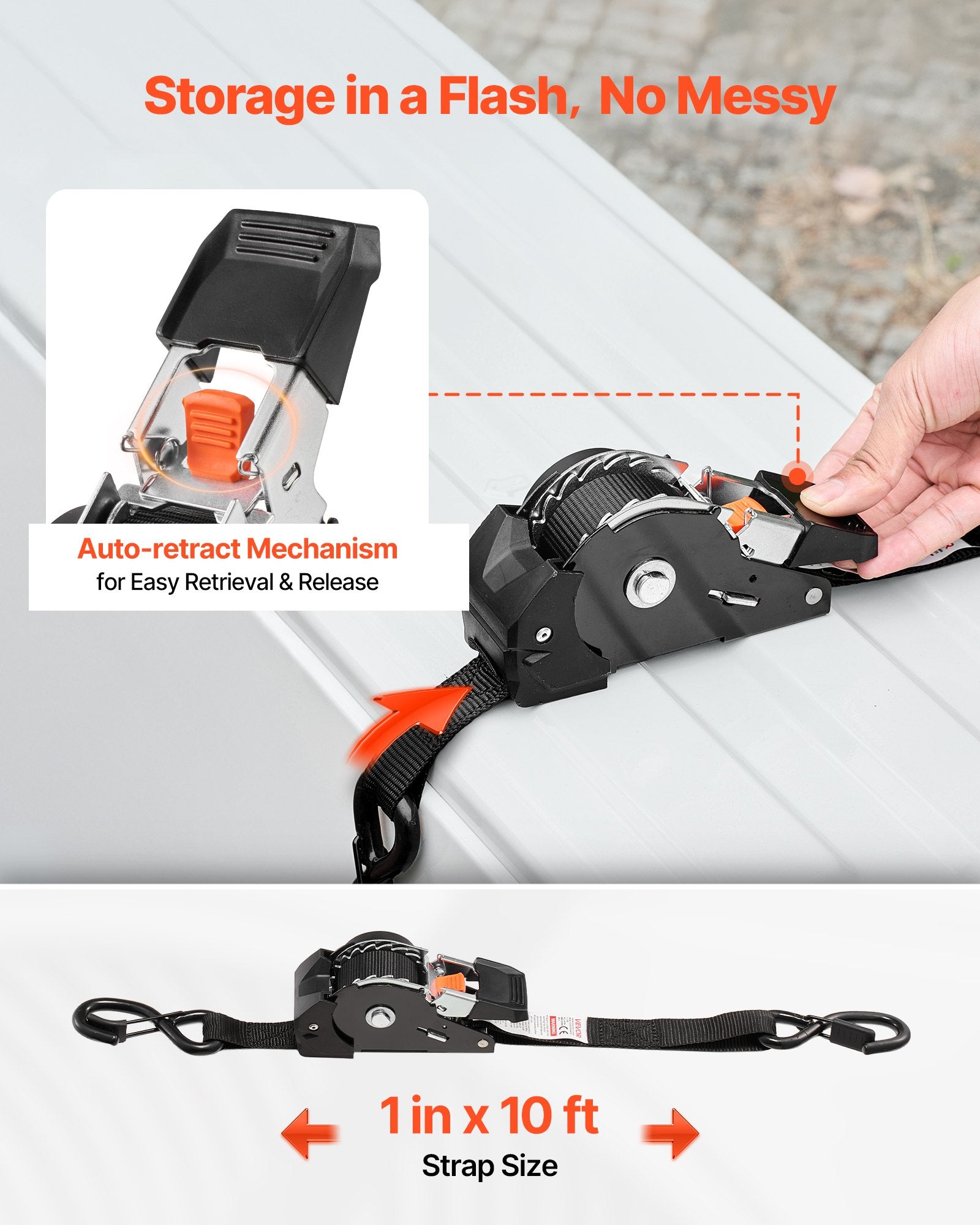 Retractable Ratchet Straps, 25.4 mm x 3 m, Tie Down Straps with S Hooks, 544 kg Break Strength, 4 Soft Loops, V952-SXGJLD1INCH1LTOCP001V0