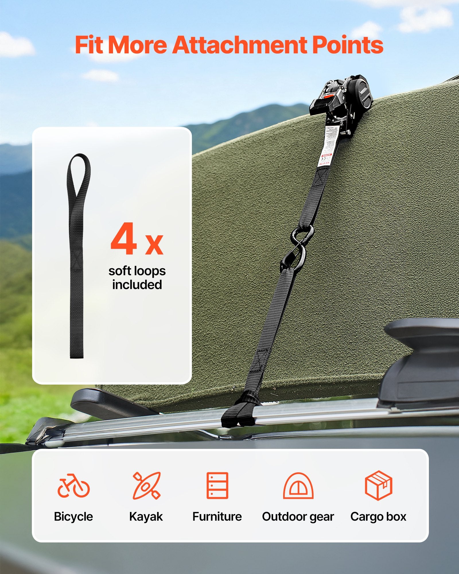Retractable Ratchet Straps, 25.4 mm x 3 m, Tie Down Straps with S Hooks, 544 kg Break Strength, 4 Soft Loops, V952-SXGJLD1INCH1LTOCP001V0